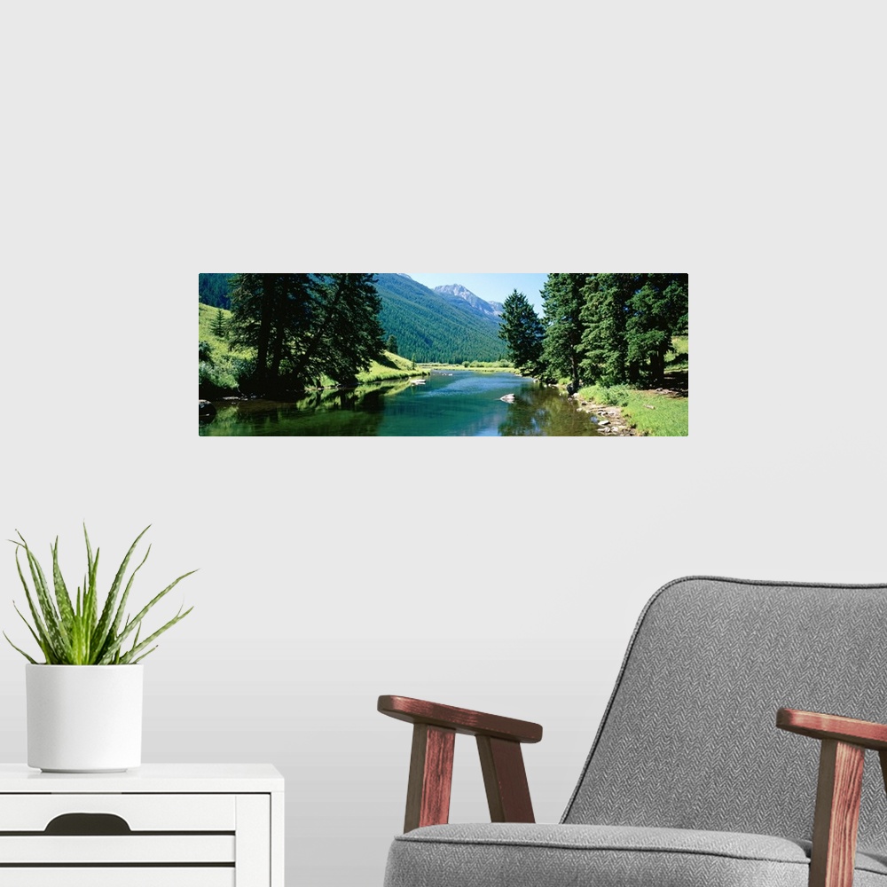 A modern room featuring Panoramic photograph looking down the Boulder River, surrounded by trees and mountain landscape i...