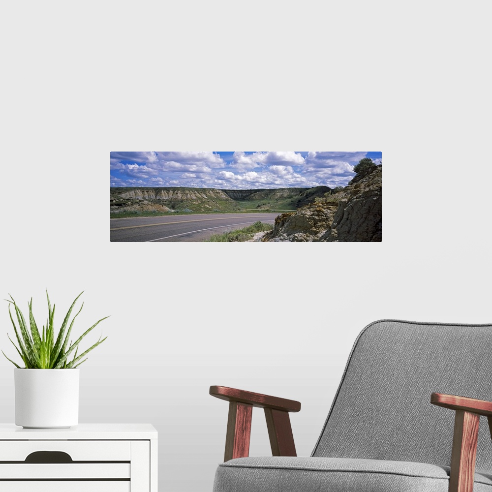 A modern room featuring Road passing through a landscape, Badlands, Theodore Roosevelt National Park, North Dakota