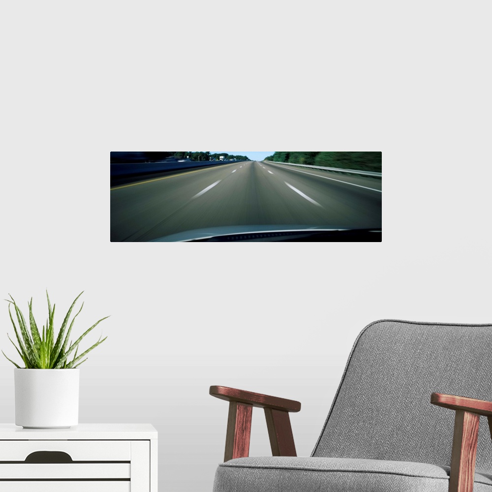A modern room featuring Road viewed from the windshield of a moving car, Interstate 90, Boston, Suffolk County, Massachus...