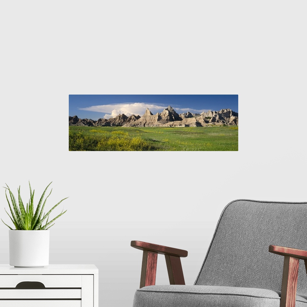 A modern room featuring Rock formations on a landscape, Badlands National Park, South Dakota