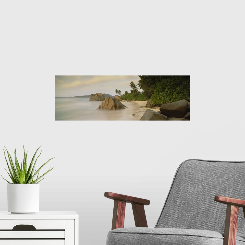 A modern room featuring This large panoramic photograph shows a beach with lush green forest behind it and rocks sitting ...