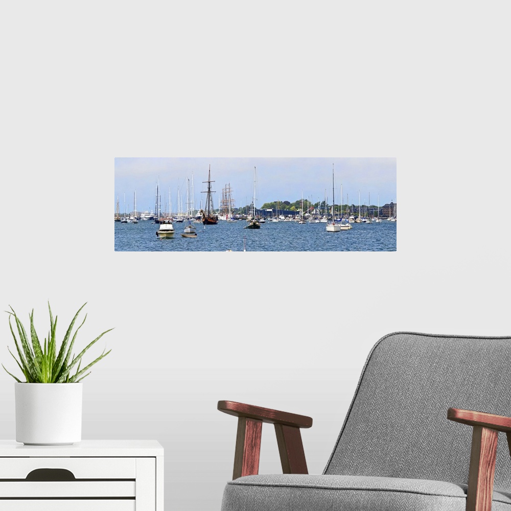 A modern room featuring Sailboats in an ocean, Newport Harbor, Newport, Rhode Island