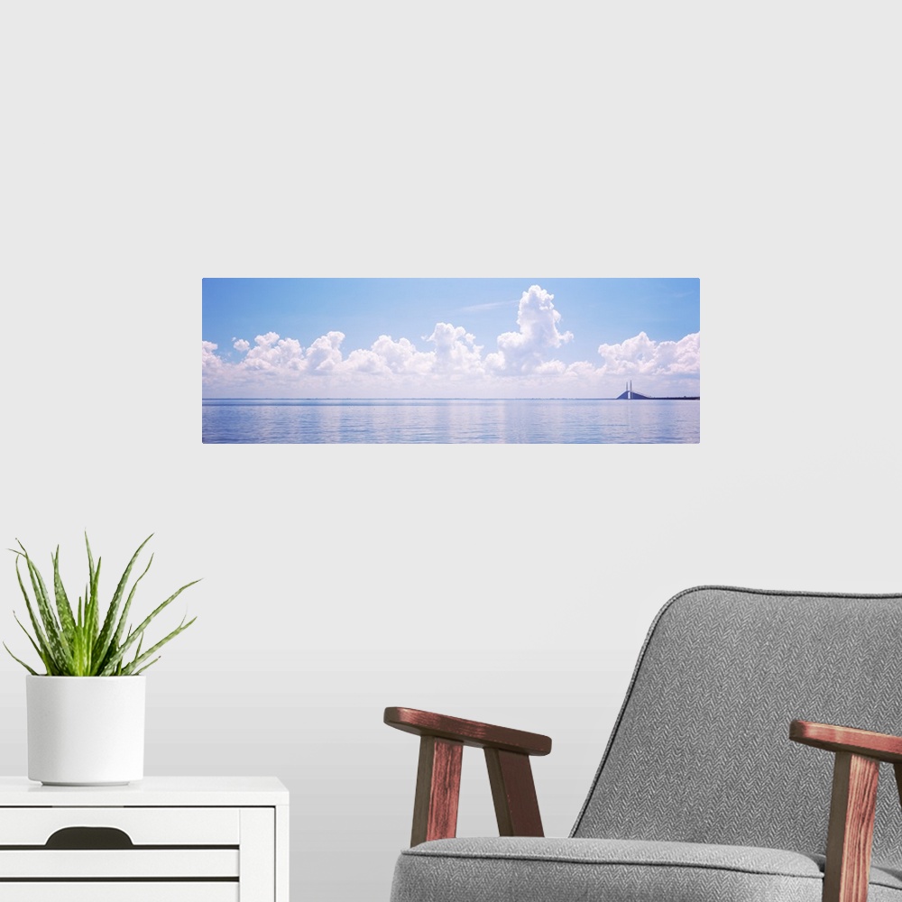 A modern room featuring Seascape with a suspension bridge in the background Sunshine Skyway Bridge Tampa Bay Gulf of Mexi...