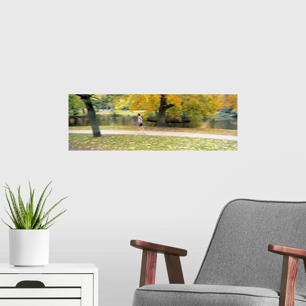 A modern room featuring Side profile of a person jogging in a park, Vondelpark, Amsterdam, Netherlands