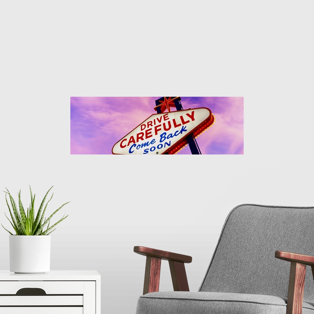 A modern room featuring Panoramic photo on canvas of a come back soon sign in Las Vegas.