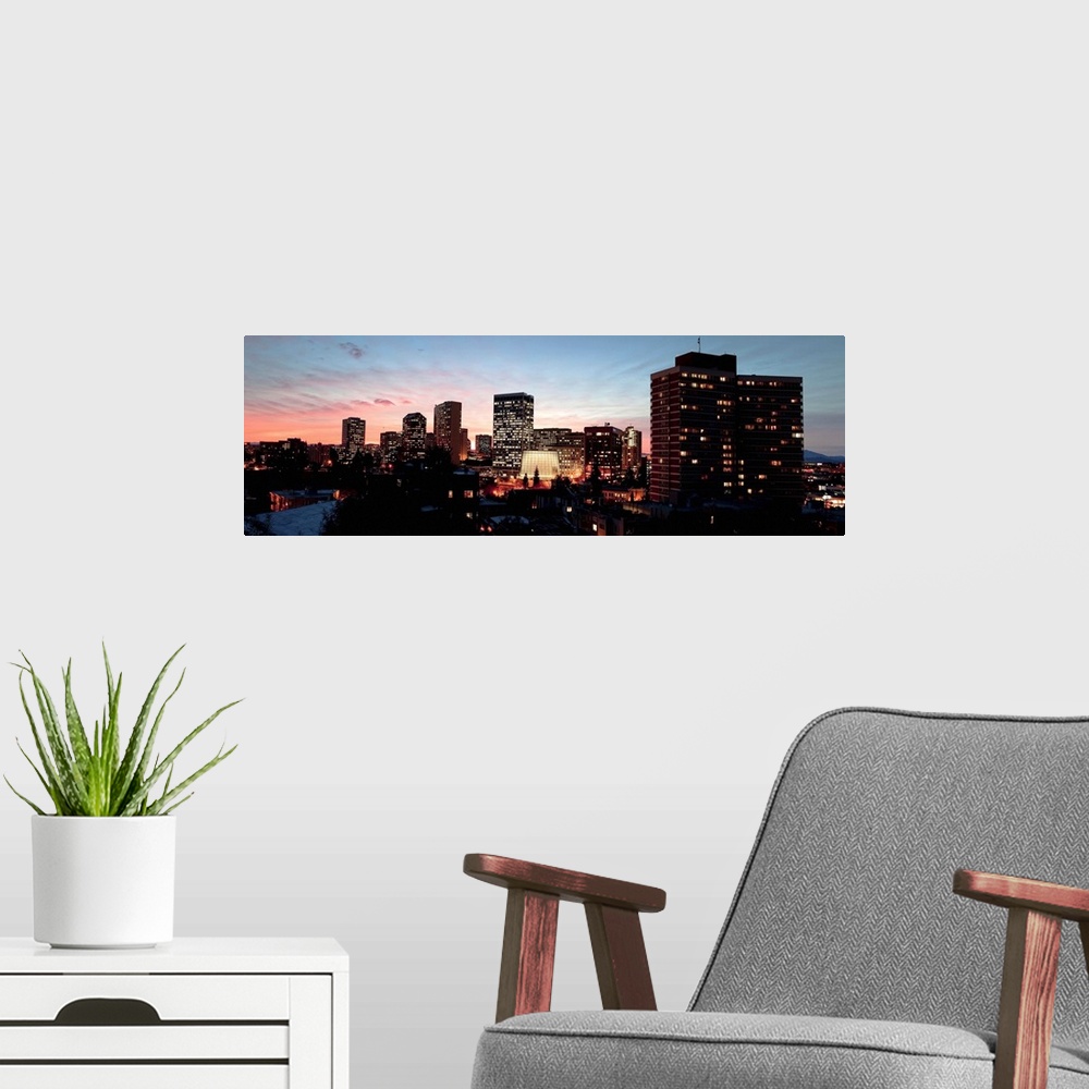 A modern room featuring Skyline at dusk, Oakland, California, USA
