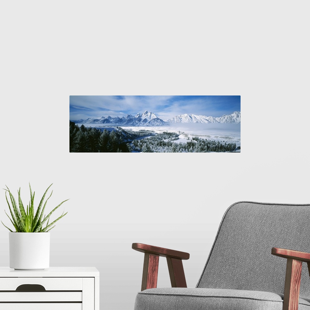 A modern room featuring This is a panoramic photograph of the snowscape surrounding these Montana mountain peaks in winter.