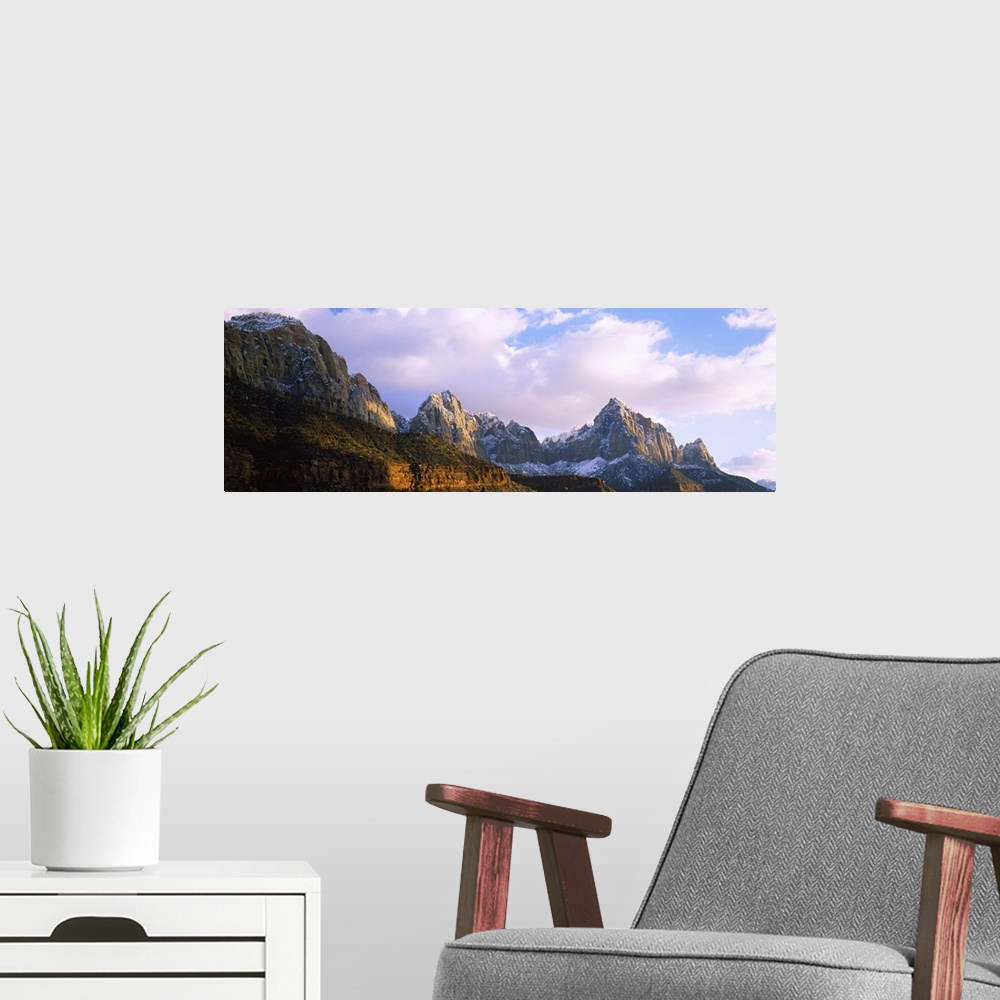A modern room featuring Snow covered mountain range, The Watchman, Zion National Park, Utah