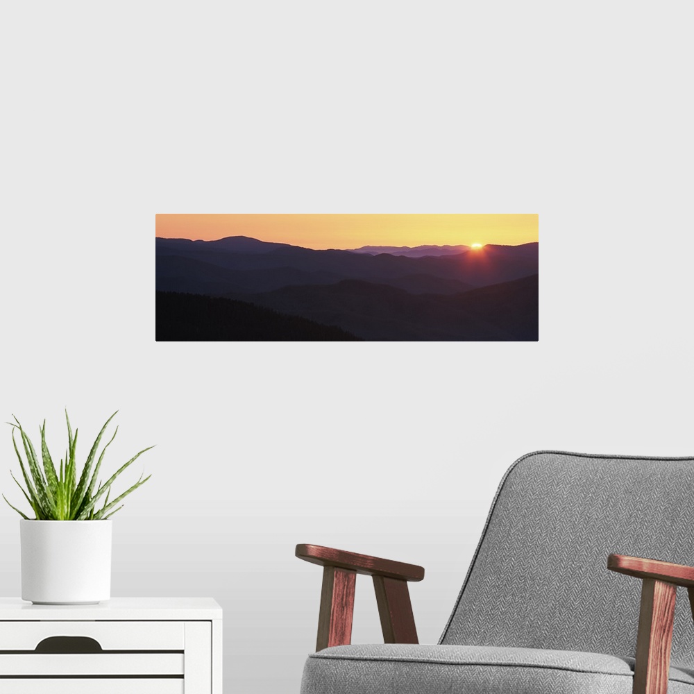 A modern room featuring Sunrise over mountain range, Great Smoky Mountains National Park, North Carolina, USA