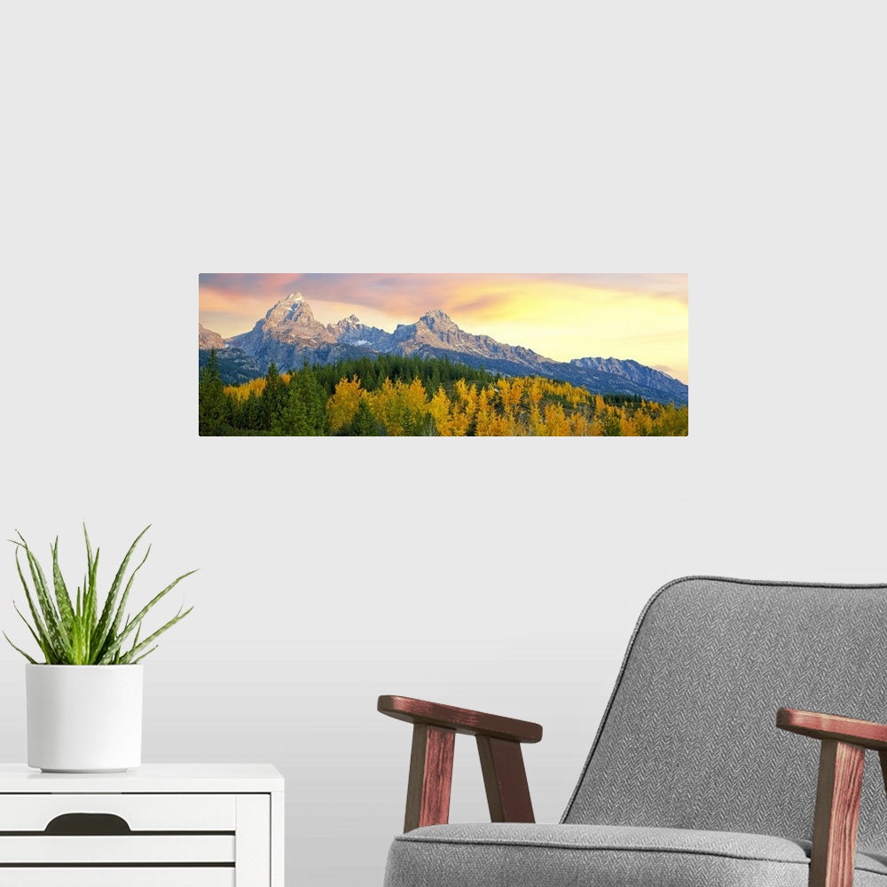 A modern room featuring Sunrise over mountain range, Teton Range, Taggart Lake Trail, Grand Teton National Park, Wyoming,...