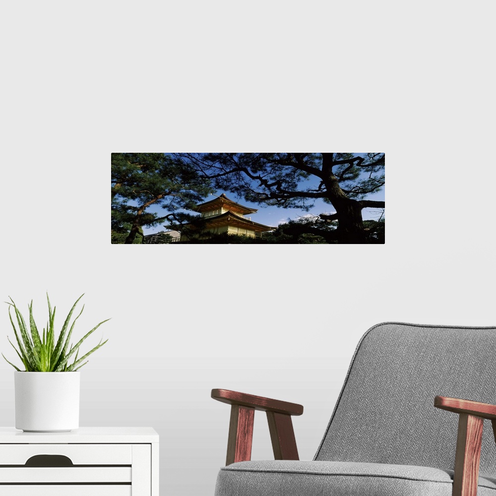 A modern room featuring Trees in front of a temple, Kinkaku-ji Temple, Kyoto City, Kyoto Prefecture, Kinki Region, Honshu...