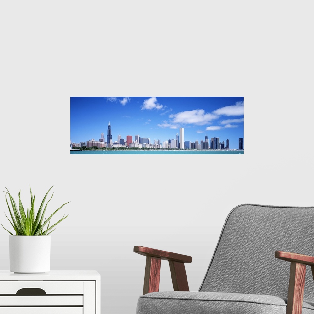 A modern room featuring US, Illinois, Chicago, skyline