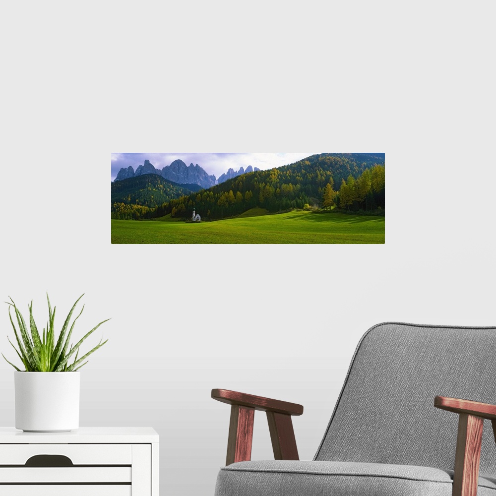A modern room featuring Valley with a church and mountains in the background, Santa Maddalena, Val De Funes, Le Odle, Dol...