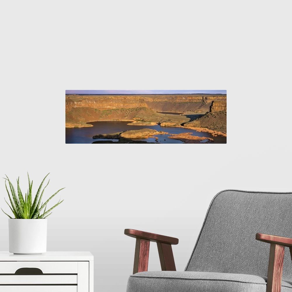A modern room featuring Washington, Dry Falls State Park, Panoramic view of a landscaped filled with water