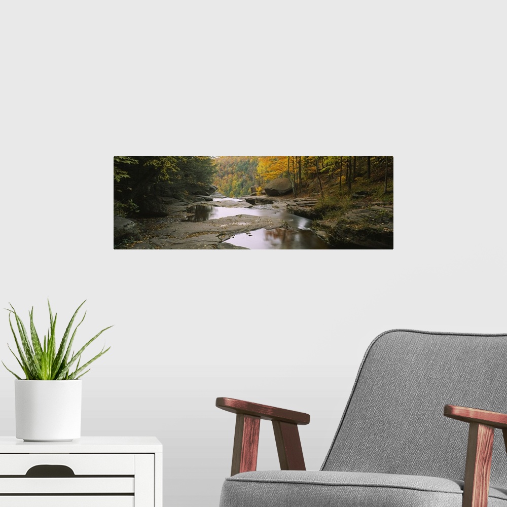 A modern room featuring Panoramic photograph focuses on the edge of a stream filled with large rocks before it falls over...