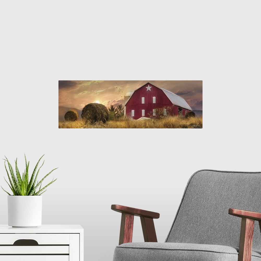 A modern room featuring A large red barn in the countryside at sunset.