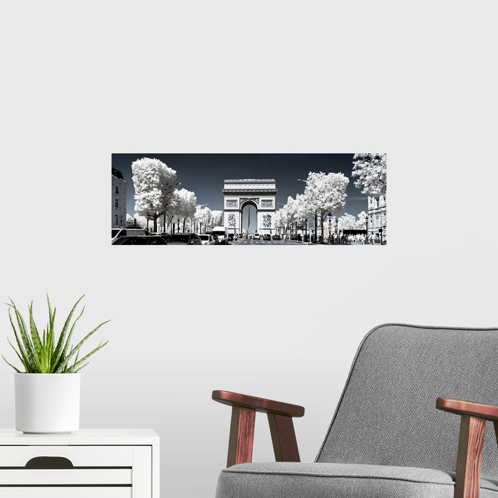 A modern room featuring A view of the Arc de Triomphe in Paris with selective coloring. From the "Another Look" series.