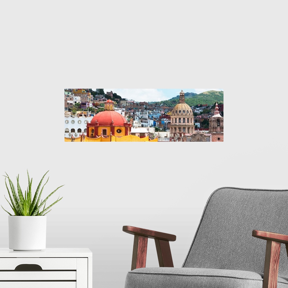 A modern room featuring Panoramic photo of colorful church domes and buildings in Guanajuato, Mexico. From the Viva Mexic...