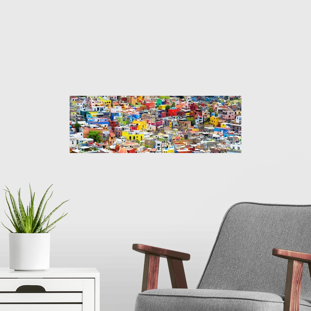 A modern room featuring Colorful cityscape panoramic photograph of Guanajuato, Mexico. From the Viva Mexico Panoramic Col...