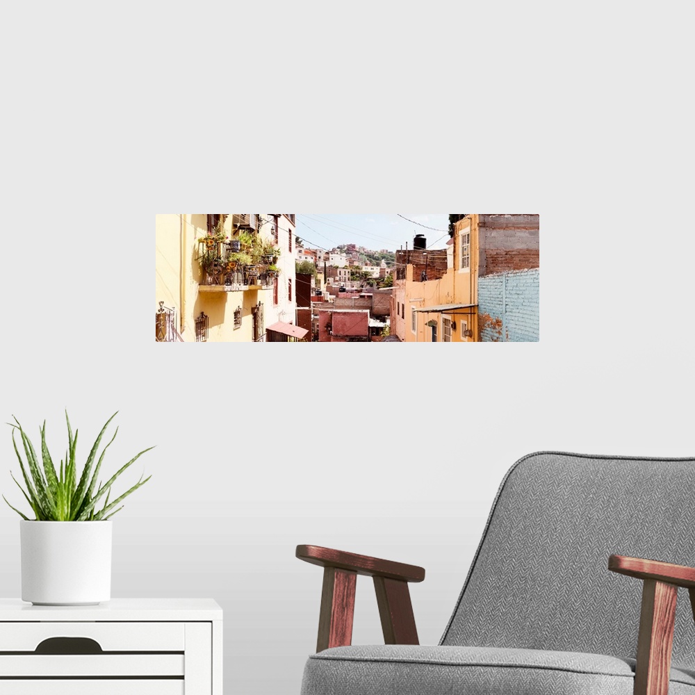 A modern room featuring Panoramic photograph of rows of colorful houses in Guanajuato, Mexico. From the Viva Mexico Panor...