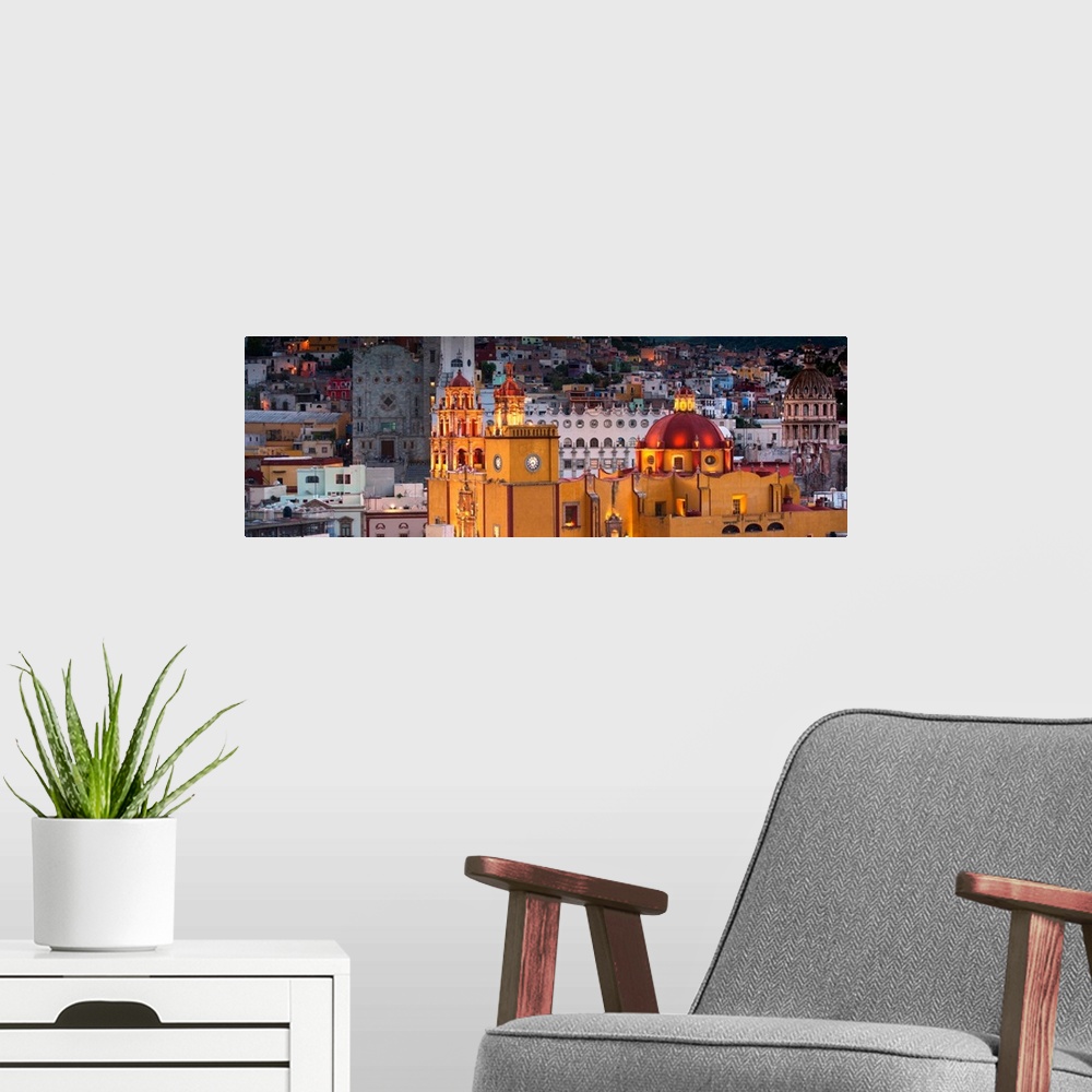A modern room featuring Panoramic photograph of the iconic Yellow Church at night in Guanajuato, Mexico. From the Viva Me...