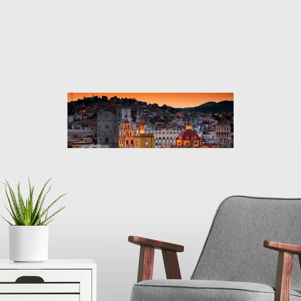 A modern room featuring Panoramic photograph of the iconic Yellow Church at night in Guanajuato, Mexico. From the Viva