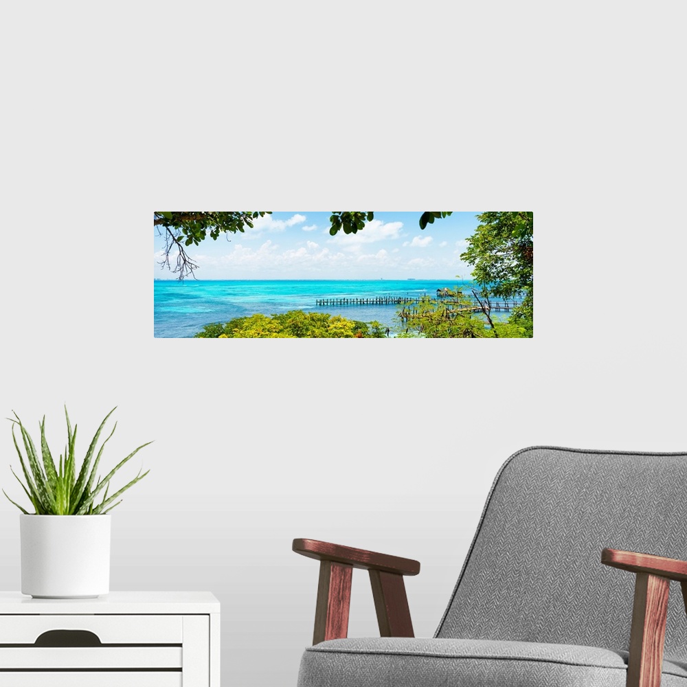 A modern room featuring Panoramic photograph of a view of the Caribbean ocean from Isla Mujeres, Mexico. From the Viva Me...