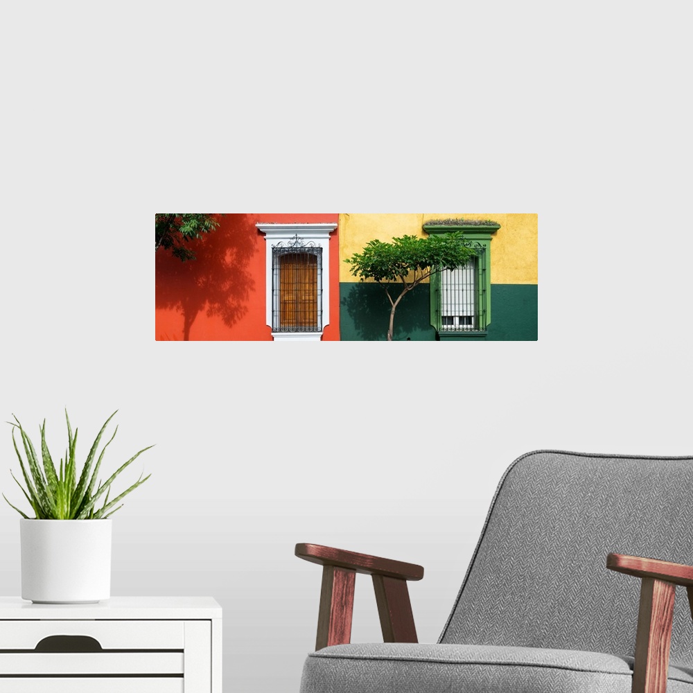 A modern room featuring Colorful panoramic photograph of facades in Mexico. From the Viva Mexico Panoramic Collection.