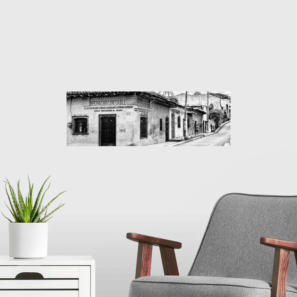 A modern room featuring Black and white panoramic photograph of an urban street in Mexico. From the Viva Mexico Panoramic...