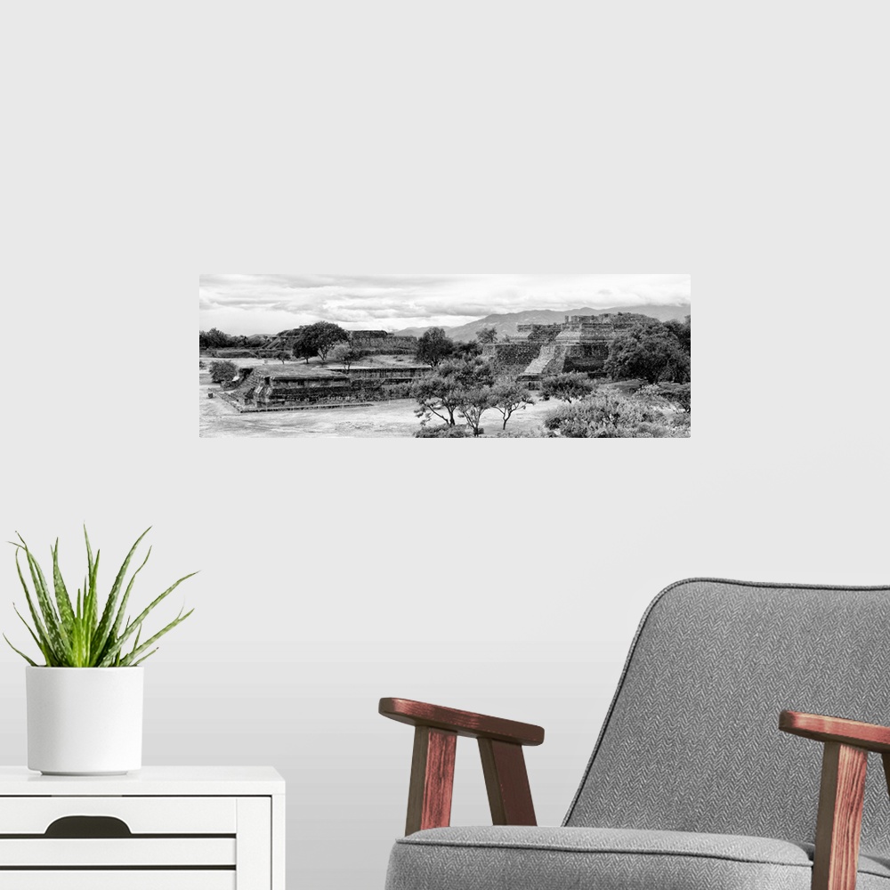 A modern room featuring Black and white panoramic photograph of the pyramid of Monte Alban in Oaxaca, Mexico. From the Vi...