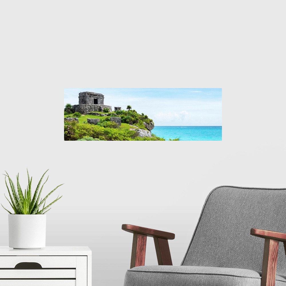 A modern room featuring Panoramic photograph a ancient Mayan ruins in Tulum, Mexico, right on the Riviera Maya, overlooki...