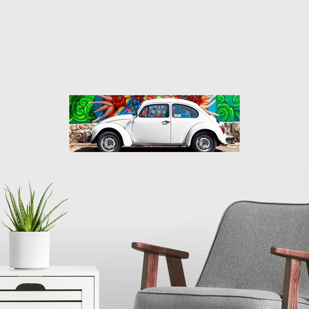 A modern room featuring Panoramic photograph of a classic white Volkswagen Beetle parked in front of a colorful wall full...