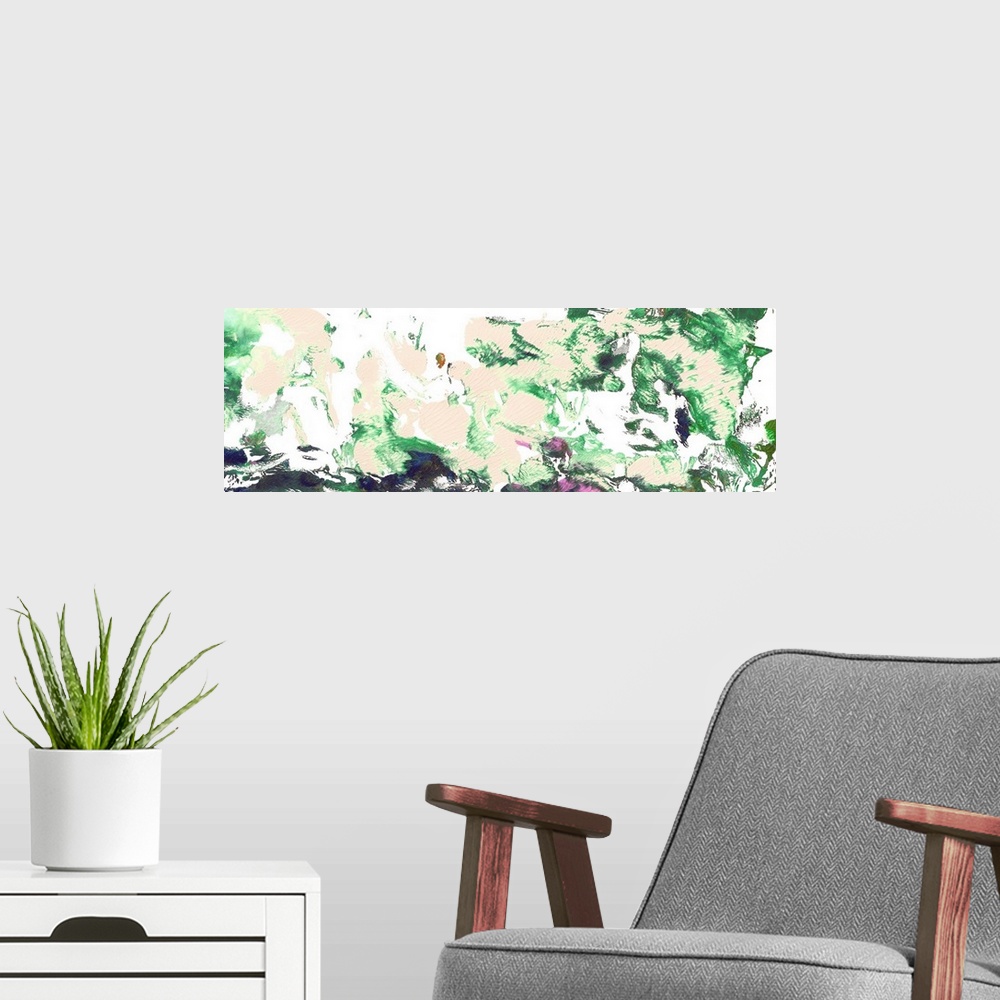 A modern room featuring Abstract Green and Pink Garden Panorama by RD Riccoboni.