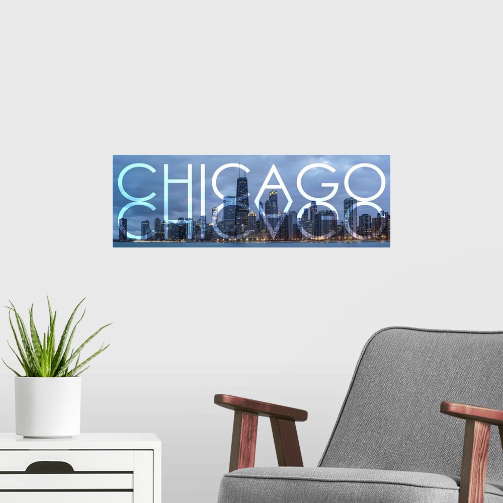 A modern room featuring Transparent mirrored typography art against a photograph of the Chicago city skyline.