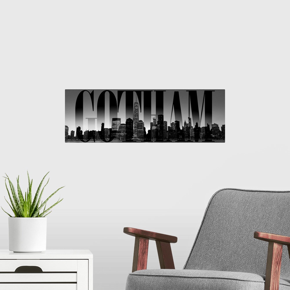 A modern room featuring Gotham Transparent typography art overlay against a photograph of the New York City skyline.