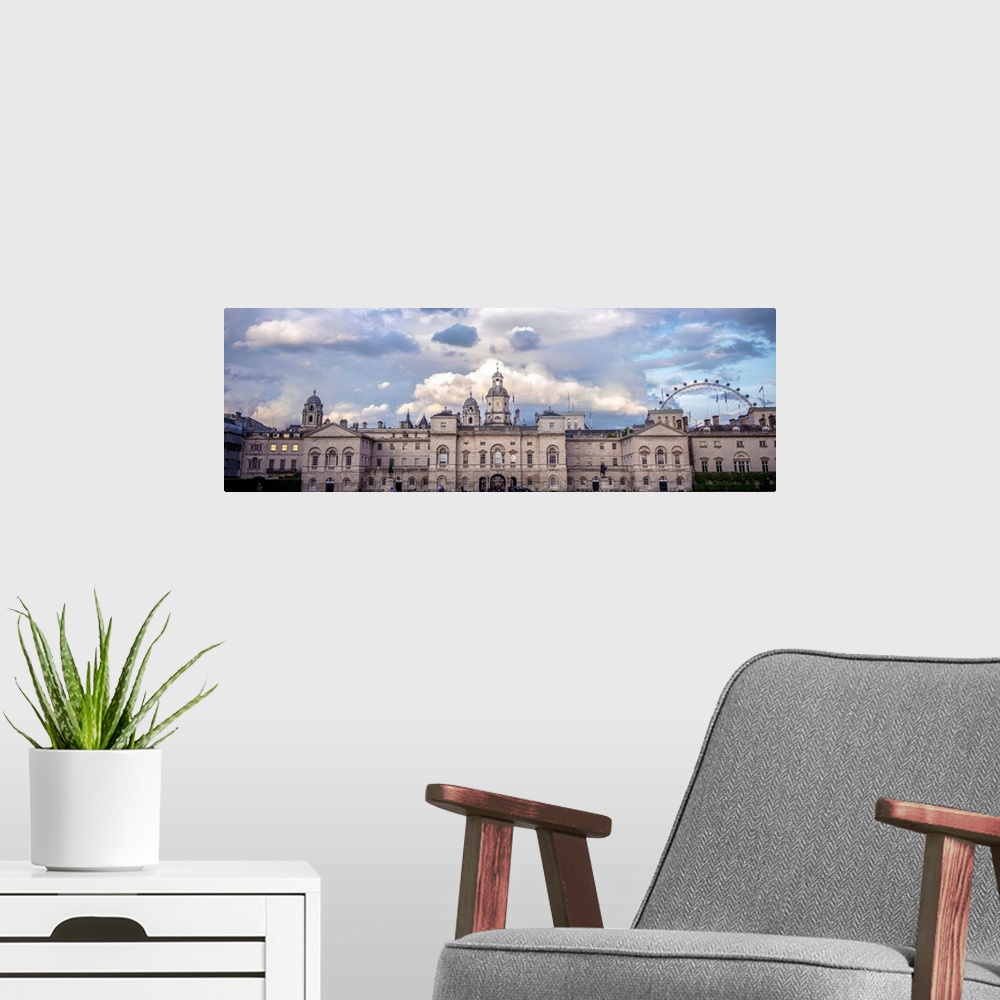 A modern room featuring Panoramic view of Horse Guards building in London, England.