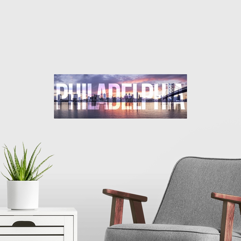 A modern room featuring Transparent typography art overlay against a photograph of the Philadelphia city skyline and the ...