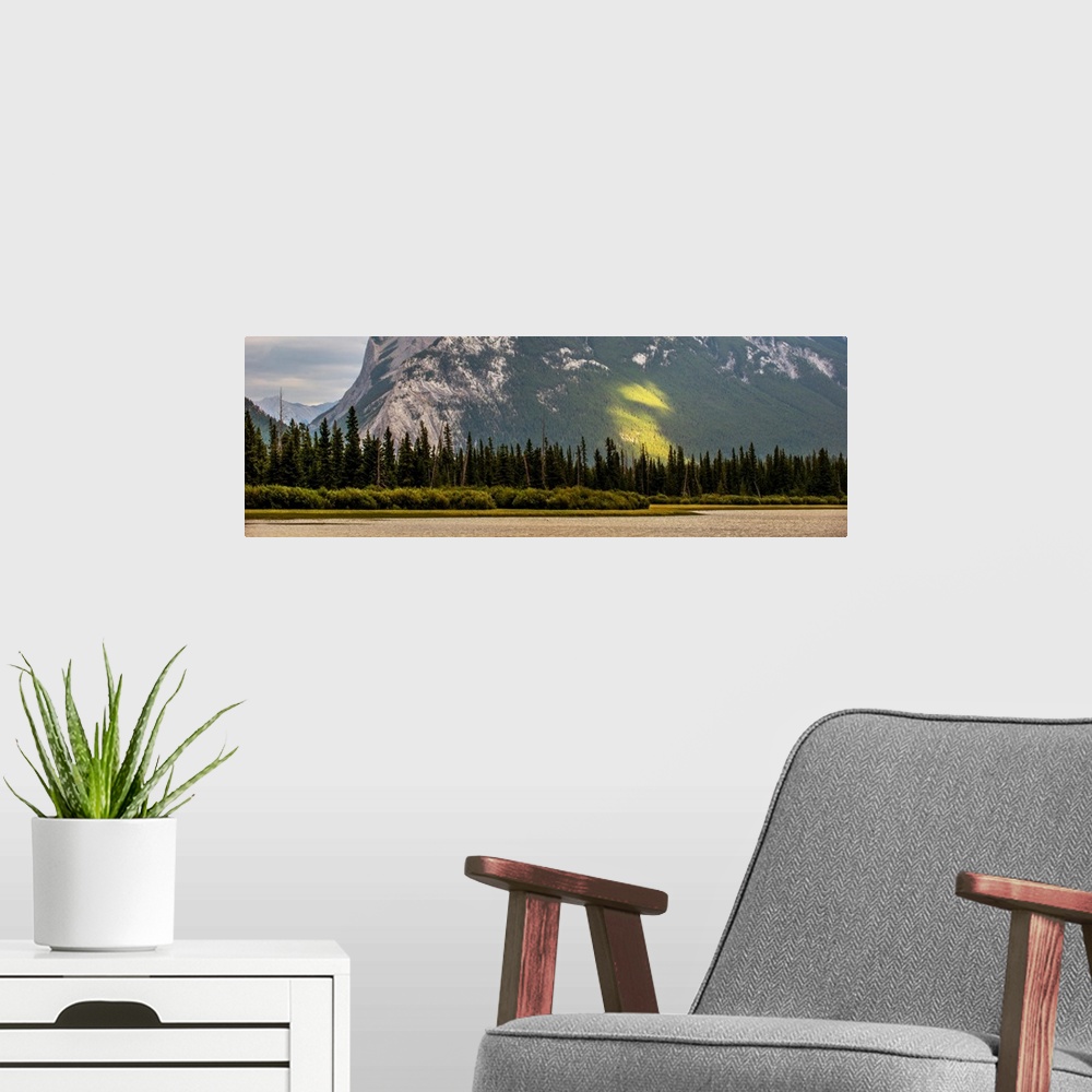 A modern room featuring Trees line the edge of Vermilion Lakes in Banff National Park, Alberta, Canada.