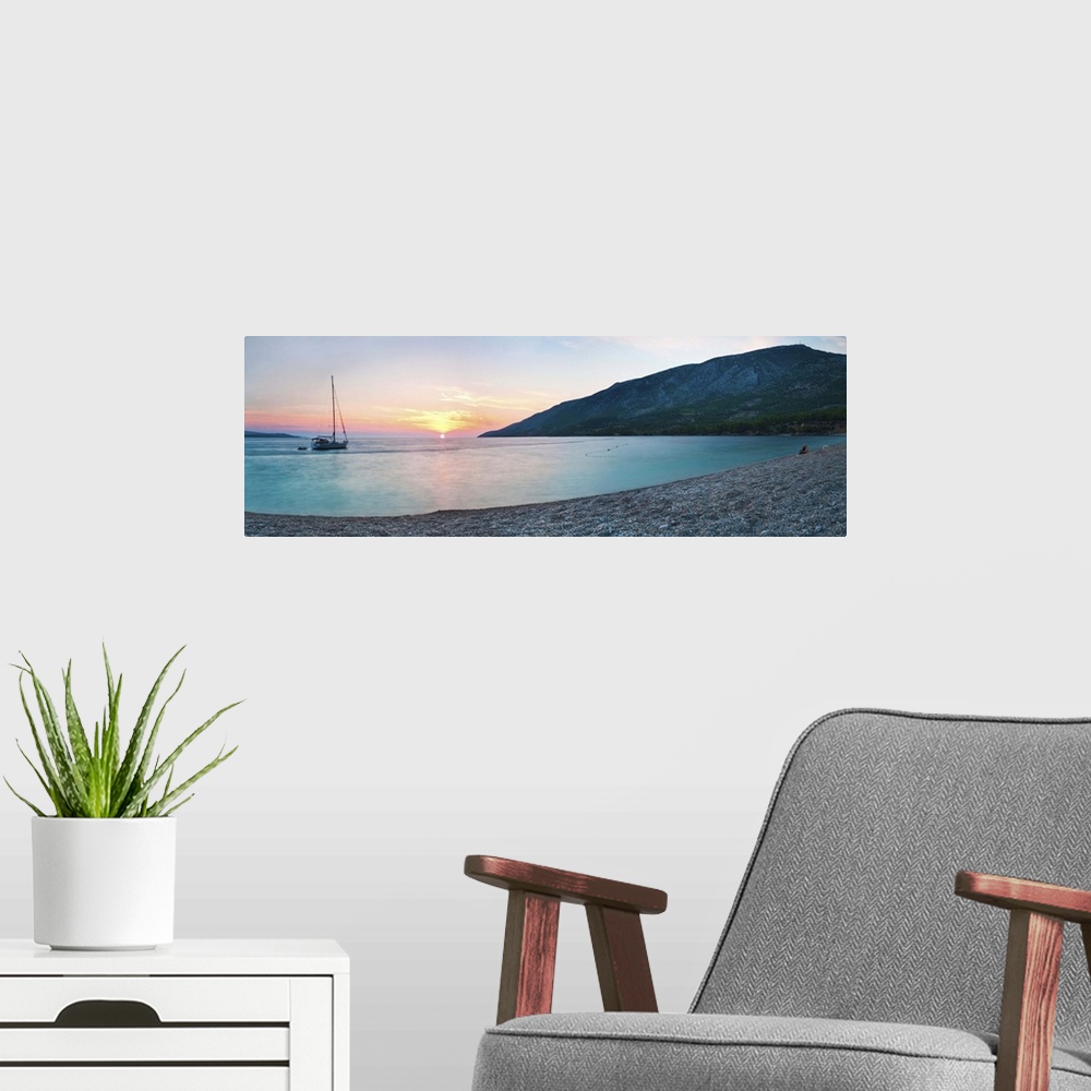 A modern room featuring Brac Island, Zlatni Rat Beach at sunset, Bol, Dalmatian Coast, Adriatic, Croatia