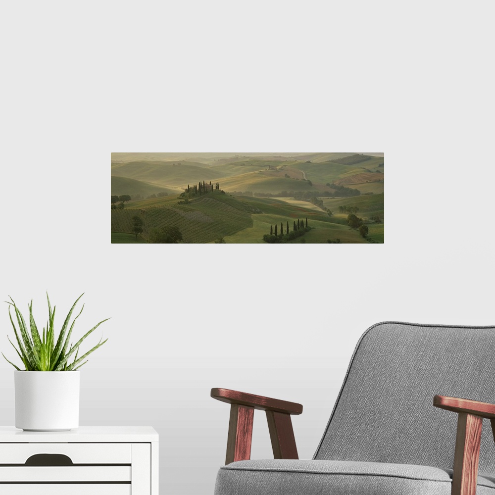 A modern room featuring Morning view across Val d'Orcia to The Belvedere, Tuscany, Italy