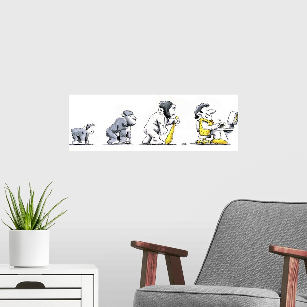 A modern room featuring Evolution of man. Cartoon depicting man evolving from apes, through various stages, until reachin...