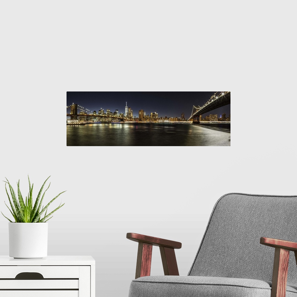 A modern room featuring Panorama of the Brooklyn and Manhattan Bridges in NYC.