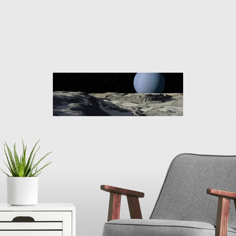 A modern room featuring Uranus seen from the surface of its moon, Ariel. Ariel is one of Uranus' largest moons. It's surf...
