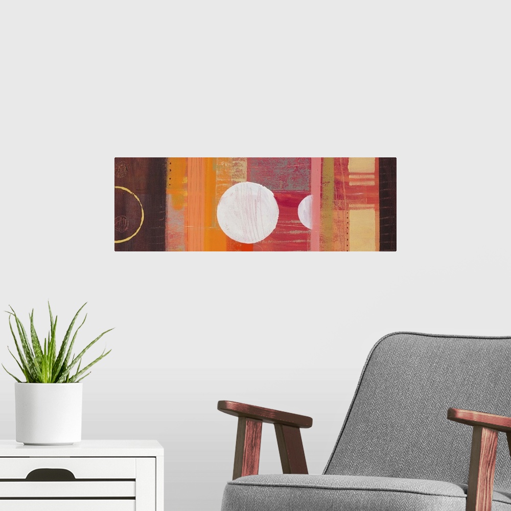 A modern room featuring Abstract painting in warm orange and brown shades, with circular shapes and blocks of color.