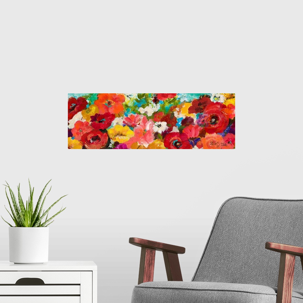 A modern room featuring Contemporary panoramic painting of colorful flowers.