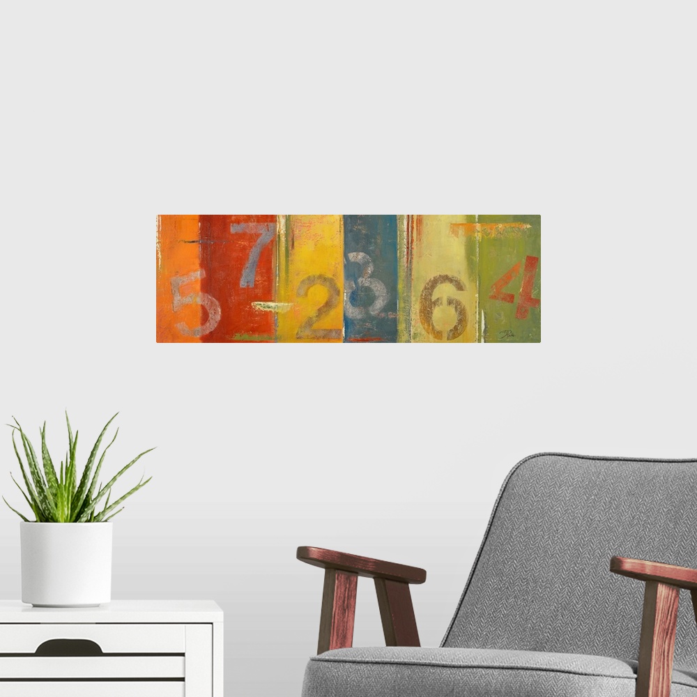 A modern room featuring Landscape artwork on a large wall hanging of  six different single digit numbers, roughly painted...
