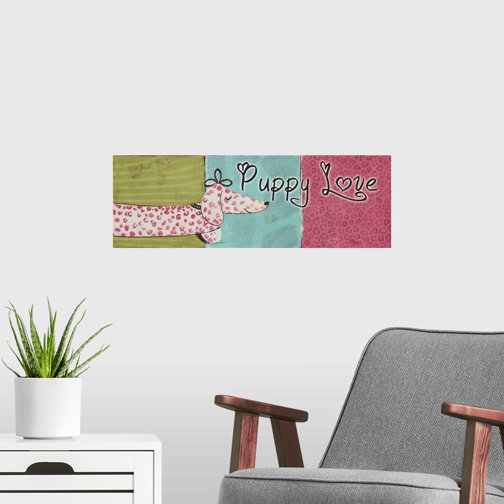 A modern room featuring Originally mixed media, artwork of a pink spotted Dachshund and the words: 'Puppy Love'.