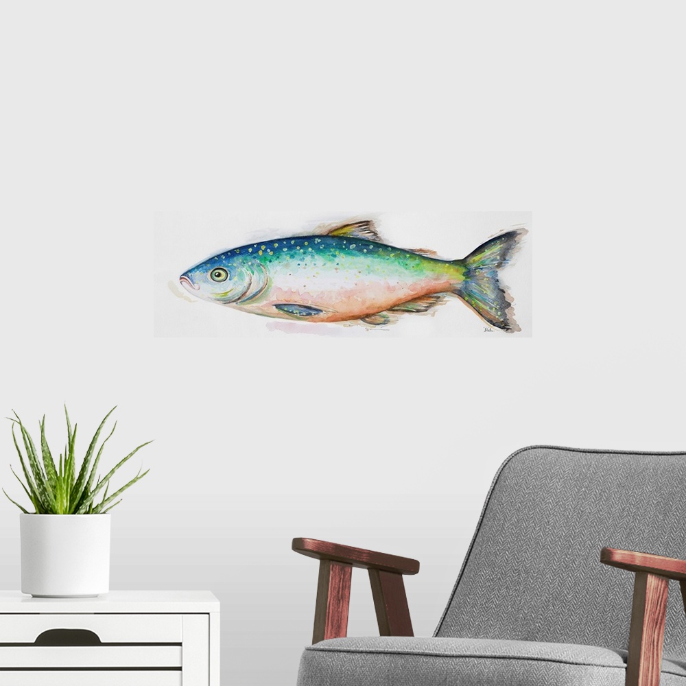 A modern room featuring Watercolor painting of a freshwater fish.