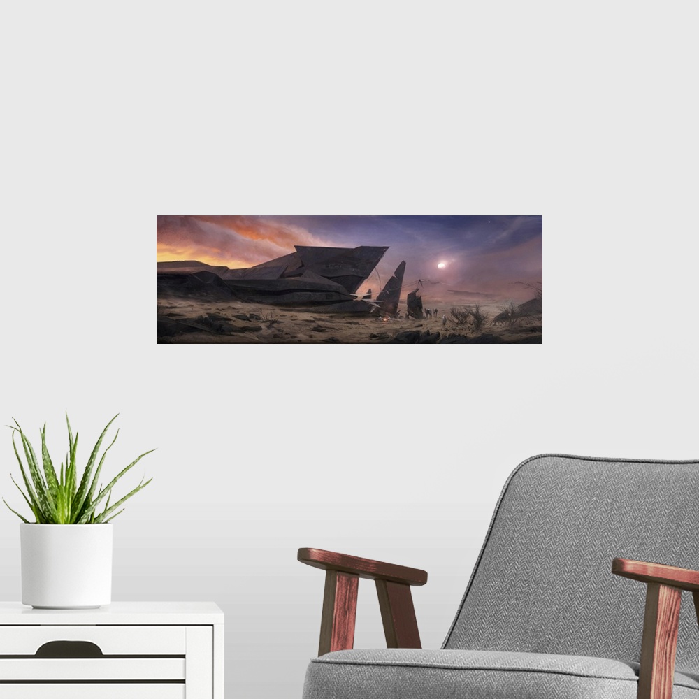 A modern room featuring Painting of nomads camping near an abstract structure in the desert.