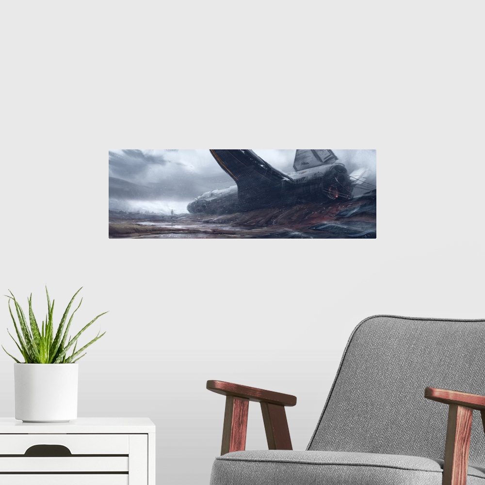 A modern room featuring Painting of spaceship and survivors crash landed.